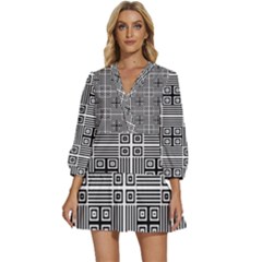 Squares Inside Background Checkered Contemporary Effect Electronic Futuristic Graphic Illusion Modern V-neck Placket Mini Dress