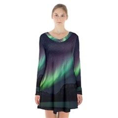 Aurora Borealis Beautiful Northern Lights Nature Long Sleeve Velvet V-neck Dress