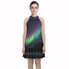 Aurora Borealis Beautiful Northern Lights Nature Velvet Halter Neckline Dress 