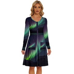 Aurora Borealis Beautiful Northern Lights Nature Long Sleeve Dress With Pocket by Loisa77