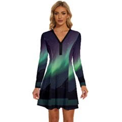 Aurora Borealis Beautiful Northern Lights Nature Long Sleeve Deep V Mini Dress  by Loisa77