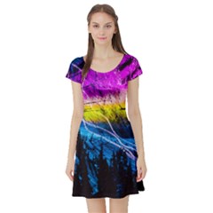 Night Skiing Colored Dead Grateful Lights Mountain Short Sleeve Skater Dress by Loisa77