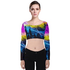 Night Skiing Colored Dead Grateful Lights Mountain Velvet Long Sleeve Crop Top by Loisa77