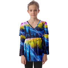 Night Skiing Colored Dead Grateful Lights Mountain Kids  V Neck Casual Top by Loisa77