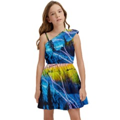 Night Skiing Colored Dead Grateful Lights Mountain Kids  One Shoulder Party Dress by Loisa77