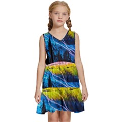 Night Skiing Colored Dead Grateful Lights Mountain Kids  Sleeveless Tiered Mini Dress by Loisa77