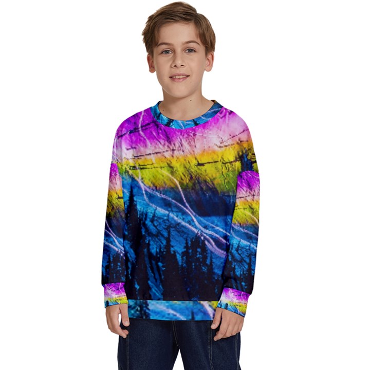 Night Skiing Colored Dead Grateful Lights Mountain Kids  Crewneck Sweatshirt