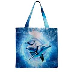 Dolphin Blue Fantasy Zipper Grocery Tote Bag by Loisa77