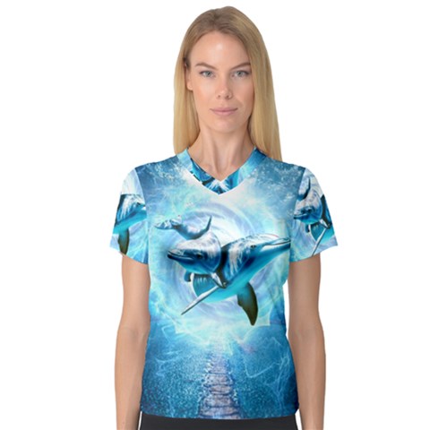 Dolphin Blue Fantasy V-neck Sport Mesh T-shirt by Loisa77