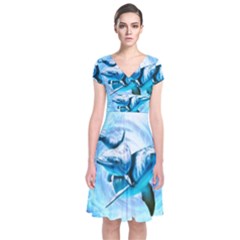 Dolphin Blue Fantasy Short Sleeve Front Wrap Dress by Loisa77