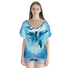 Dolphin Blue Fantasy V-neck Flutter Sleeve Top by Loisa77