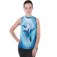 Dolphin Blue Fantasy Mock Neck Chiffon Sleeveless Top by Loisa77