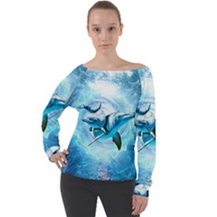 Dolphin Blue Fantasy Off Shoulder Long Sleeve Velour Top by Loisa77