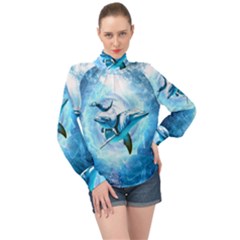 Dolphin Blue Fantasy High Neck Long Sleeve Chiffon Top by Loisa77