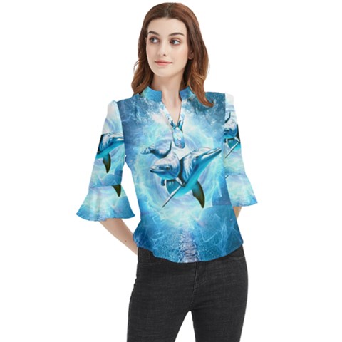 Dolphin Blue Fantasy Loose Horn Sleeve Chiffon Blouse by Loisa77