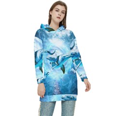 Dolphin Blue Fantasy Women s Long Oversized Pullover Hoodie