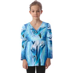 Dolphin Blue Fantasy Kids  V Neck Casual Top by Loisa77