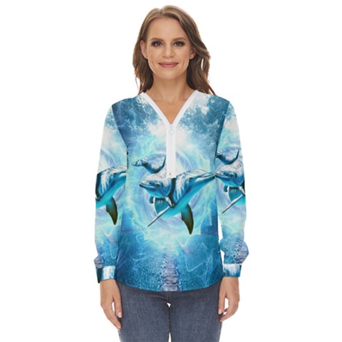 Dolphin Blue Fantasy Zip Up Long Sleeve Blouse by Loisa77