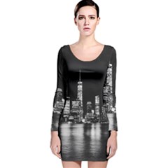 Nyc New York Skyline City Buildings Long Sleeve Velvet Bodycon Dress