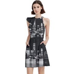 Nyc New York Skyline City Buildings Cocktail Party Halter Sleeveless Dress With Pockets