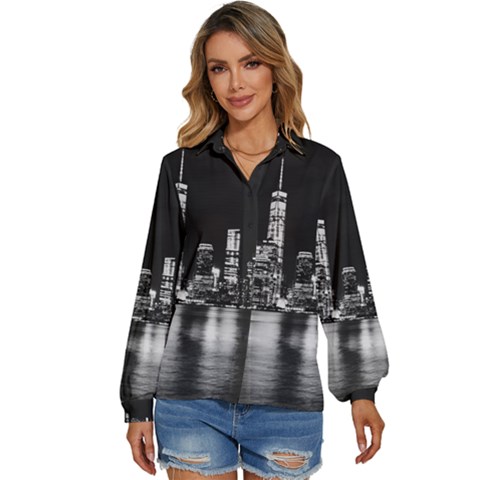 Nyc New York Skyline City Buildings Women s Long Sleeve Button Up Shirt by Loisa77