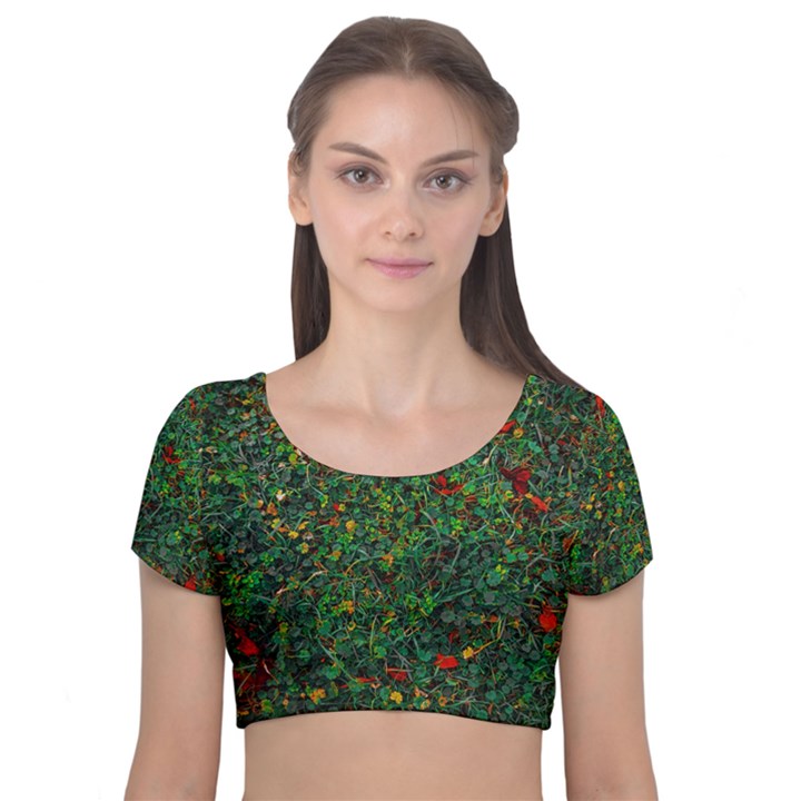 Grass Nature Meadow Velvet Short Sleeve Crop Top 