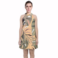 Leaves Monstera Picture Print Pattern Velvet Halter Neckline Dress 