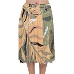 Leaves Monstera Picture Print Pattern Velvet Flared Midi Skirt