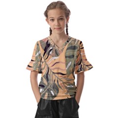 Leaves Monstera Picture Print Pattern Kids  V-neck Horn Sleeve Blouse by Ravend