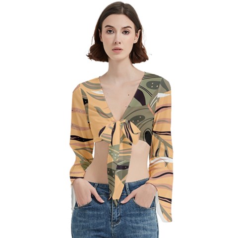 Leaves Monstera Picture Print Pattern Trumpet Sleeve Cropped Top by Ravend