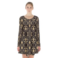 Vintage Batik Art Architecture Pattern Long Sleeve Velvet V-neck Dress