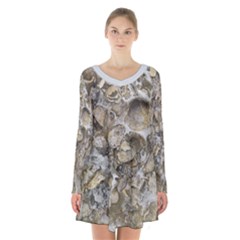 Fossilized Seashell Texture Print Design Bk Long Sleeve Velvet V-neck Dress