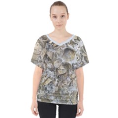 Fossilized Seashell Texture Print Design Bk V-neck Dolman Drape Top by dflcprintsclothing