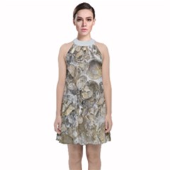 Fossilized Seashell Texture Print Design Bk Velvet Halter Neckline Dress  by dflcprintsclothing