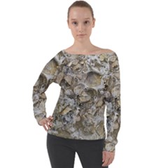 Fossilized Seashell Texture Print Design Bk Off Shoulder Long Sleeve Velour Top by dflcprintsclothing