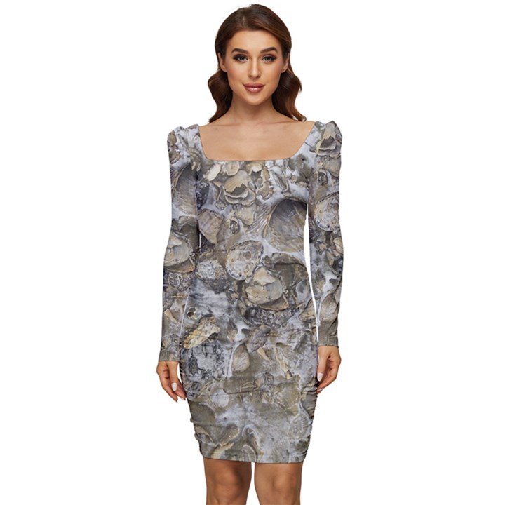 Fossilized Seashell Texture Print Design Bk Women Long Sleeve Ruched Stretch Jersey Dress