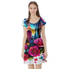 City Rose 2-gigapixel-art-scale-4 00x Short Sleeve Skater Dress by BrightWear