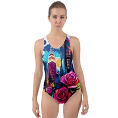 City Rose 2-gigapixel-art-scale-4 00x Cut-out Back One Piece Swimsuit by BrightWear