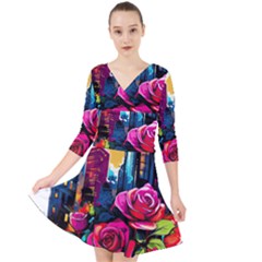 City Rose 2-gigapixel-art-scale-4 00x Quarter Sleeve Front Wrap Dress by BrightWear