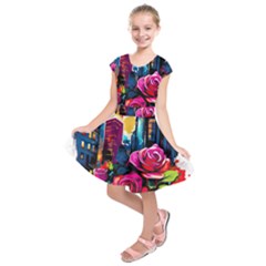 City Rose 2-gigapixel-art-scale-4 00x Kids  Short Sleeve Dress by BrightWear