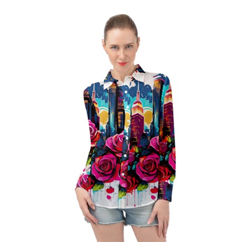 City Rose 2-gigapixel-art-scale-4 00x Long Sleeve Chiffon Shirt by BrightWear