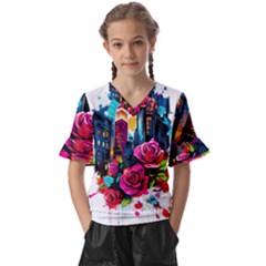 City Rose 2-gigapixel-art-scale-4 00x Kids  V-neck Horn Sleeve Blouse by BrightWear