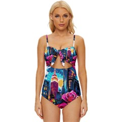 City Rose 2-gigapixel-art-scale-4 00x Knot Front One-piece Swimsuit by BrightWear