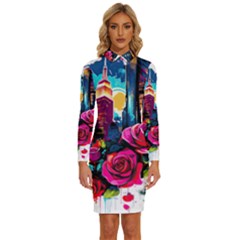 City Rose 2-gigapixel-art-scale-4 00x Long Sleeve Shirt Collar Bodycon Dress by BrightWear