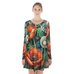 Flower Poppies Long Sleeve Velvet V-neck Dress