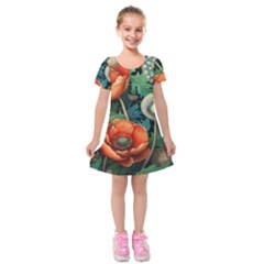 Flower Poppies Kids  Short Sleeve Velvet Dress