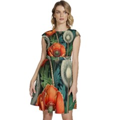 Flower Poppies Cap Sleeve High Waist Dress by Loisa77