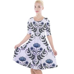 Flower Seamless Pattern Victorian Quarter Sleeve A-line Dress With Pockets