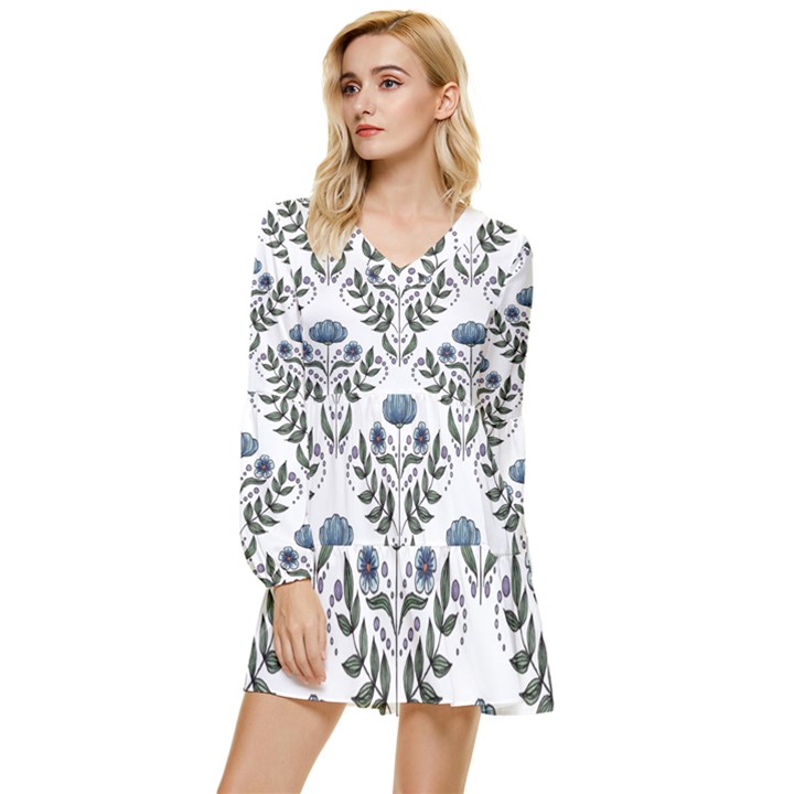 Flower Seamless Pattern Victorian Tiered Long Sleeve Mini Dress