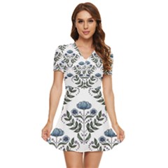 Flower Seamless Pattern Victorian V-neck High Waist Chiffon Mini Dress